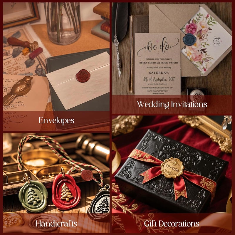 TRINIDa Wax Seal Kit, Premium Wax Seal Stamp Kit with 24 Colors 624 Pcs Beads, Metallic Pens, Warmer, Spoon and Tea Candles for Wedding Invitation, Letter Envelope, Gift Cards & DIY Crafts - Image 3